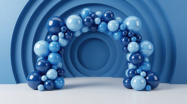 Decorative blue balloon arch in a 3D studio setting for birthday celebrations.