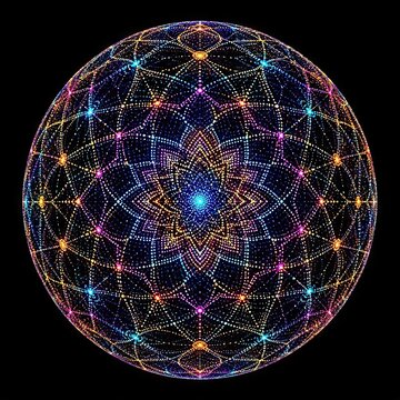 Colorful sacred geometry glowing sphere mandala
