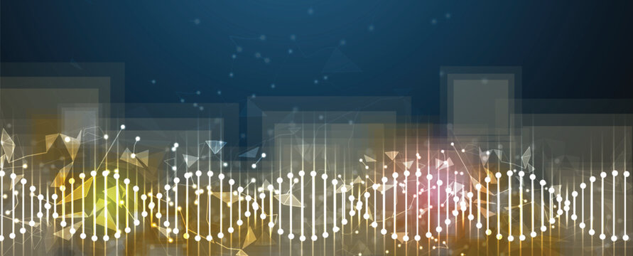 Futuristic hexagons, DNA strands, connected neural web
