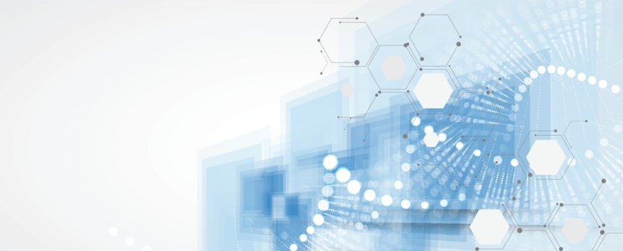 Futuristic hexagons, DNA strands, connected neural web