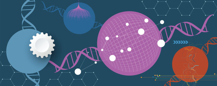 Futuristic science background, DNA strands, connected neural web