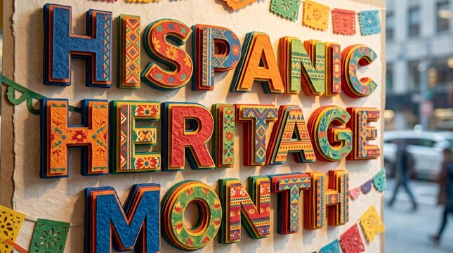 Letras en relieve para el Mes de la Herencia Hispana con patrones folcl&oacute;ricos tradicionales, papel picado y dise&ntilde;o artesanal festivo.