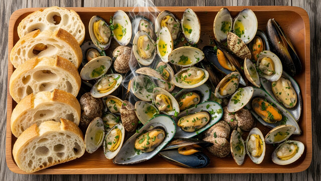 Steamed clams and mussels with garlic butter herbs and sliced bread platter