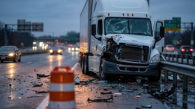 Close-up of a wrecked commercial truck and debris on an asphalt highway after an accident.