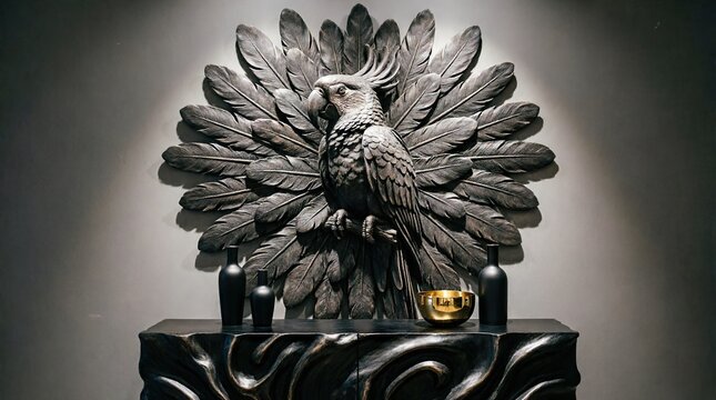 
Black and white peacock sculpture with fanned feathers

