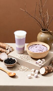 Taro Milk Tea and Brown Sugar Pearl Still Life Combining Jiangnan Inspired Aesthetics with Modern Tea Culture
