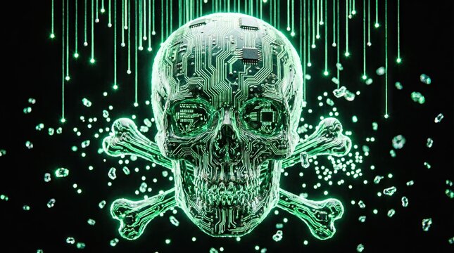 
Glowing green digital skull surrounded by circuitry

