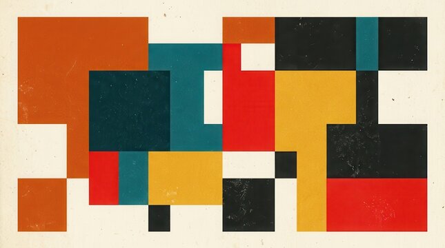 Bauhaus inspired abstract background with colorful geometric shapes and grainy texture.