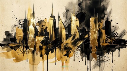 Obraz premium Urban cityscape abstract painting with black ink washes and golden watercolor brush strokes.
