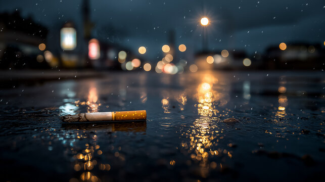 Cigarette butt on wet street at night