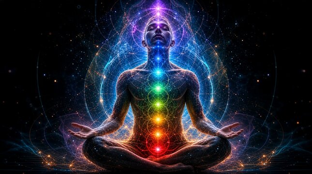 Person meditating with glowing chakras and energy aura