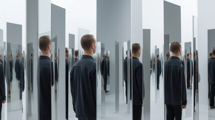 Fototapeta premium Man standing in mirrored room with reflections
