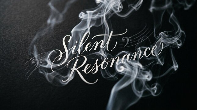 Caligraf&iacute;a elegante de Silent Resonance con humo blanco et&eacute;reo y claves musicales sobre fondo negro oscuro.