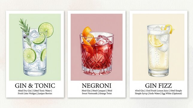 Watercolor Bar Wall Art Set of 3 Gin Cocktail Recipe Posters for Cafe and Kitchen Decor