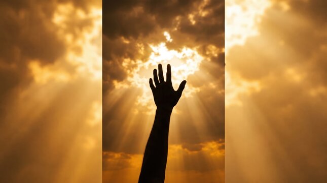 Silhouette of a human hand reaching up towards bright golden sunlight breaking through dramatic clouds, symbolizing hope faith prayer or seeking help, spiritual religious with sun