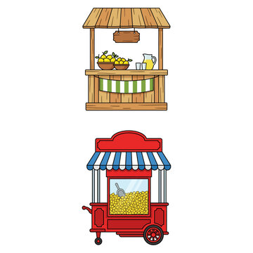 Hand Drawn Illustration of Wooden Lemonade Stand and Vintage Popcorn Cart Icons
