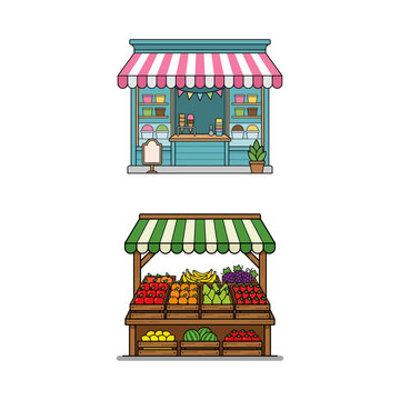 Hand-Drawn Vector Icons of a Small Ice Cream Parlor and a Fresh Produce Market Stall