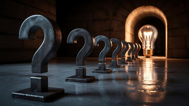 Creative problem solving concept with question marks leading toward a glowing solution