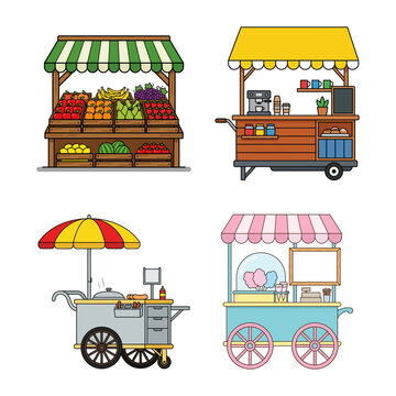 Set of Colorful Street Market Stall and Food Cart Icons with Various Goods and Snacks