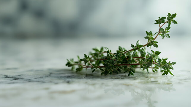 Fresh herb sprig on marble countertop