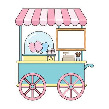 Pastel Cotton Candy Cart Illustration Featuring Sweet Treats and Carnival Vendor Stand Design
