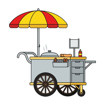 Mobile Street Food Cart Serving Freshly Steamed Hot Dogs With Umbrella Illustration