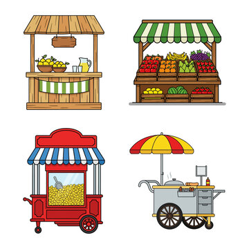 Set of Colorful Street Food and Fresh Fruit Market Stall Illustrations