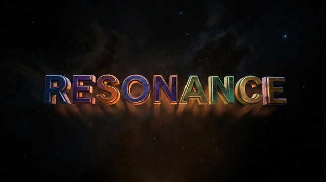 Texto 3D Resonance con letras met&aacute;licas coloridas en fondo c&oacute;smico, concepto de energ&iacute;a y dise&ntilde;o tipogr&aacute;fico moderno.
