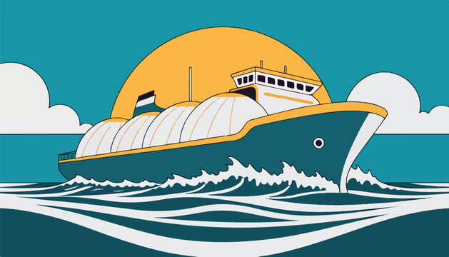 A stylized illustration of a large liquefied natural gas tanker ship sailing across the ocean.