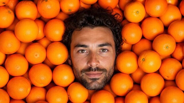 A close-up shot reveals a man's face emerging from a vibrant backdrop filled with ripe, juicy oranges, creating a unique visual contrast