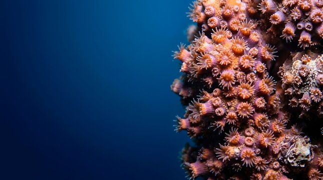 Vibrant orange coral polyp colonies thrive in deep tropical ocean waters providing essential habitat for diverse marine life ecosystems while showing organic growth patterns under the gentle