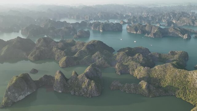 Aerial view of the natural scenery of the karst peaks and forests in Ha Long Bay, Vietnam