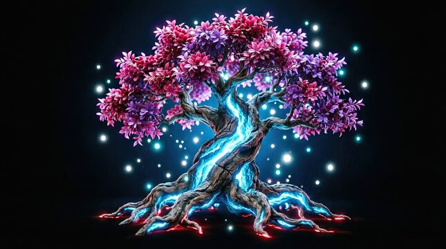 Glowing fantasy tree with pink canopy and exposed roots
