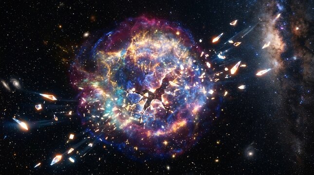 Explosi&oacute;n c&oacute;smica de supernova con cristales brillantes dispers&aacute;ndose en el espacio profundo interestelar y nebulosa multicolor.