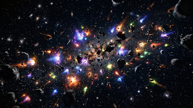 Explosi&oacute;n c&oacute;smica de asteroides y meteoritos brillantes de colores en el espacio profundo, estrellas y polvo gal&aacute;ctico.