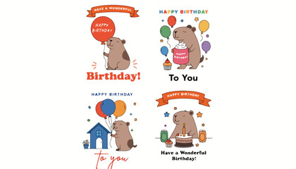 Fototapeta premium Set of four cute capybara birthday greeting card illustrations with balloons and cakes.