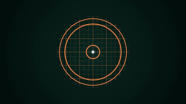 Abstract animated sonar ping expanding across a grid drawn as amber and orange lines and shapes on a deep dark background. Seamless looping 4K motion graphics video with free space for text, ideal for