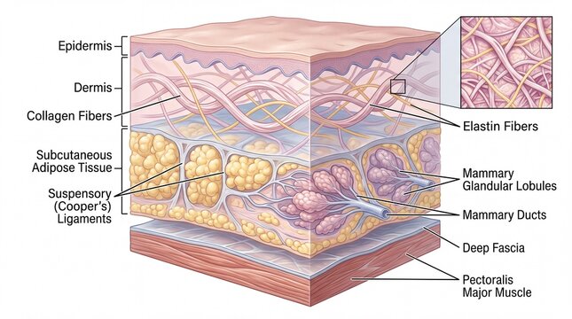 Cross section of breast tissue showing epidermis dermis collagen fibers subcutaneous adipose tissue suspensory ligaments elastin fibers mammary glandular lobules mammary ducts deep fascia