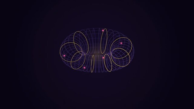 Abstract animated wireframe torus turning through itself drawn as cool blue-white lines and shapes on a deep dark background. Seamless looping 4K motion graphics video with free space for text, ideal 