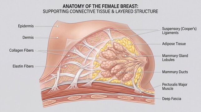 Epidermis dermis collagen fibers elastin fibers suspensory ligaments adipose tissue mammary gland lobules mammary ducts pectoralis major muscle deep fascia female breast anatomyEpidermis dermis