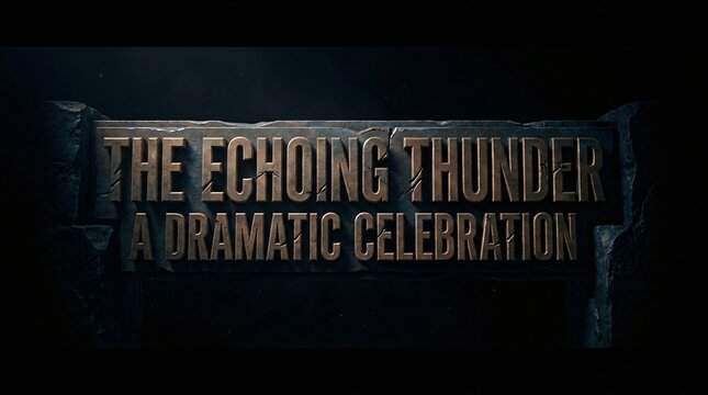 Texto 3D de piedra 'The Echoing Thunder A Dramatic Celebration', dise&ntilde;o tipogr&aacute;fico cinematogr&aacute;fico &eacute;pico con textura met&aacute;lica y fondo oscuro.