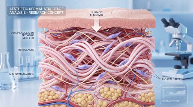 Dermal collagen network fibroblast microvasculature elastin fiber surface epidermis skin cross section tissue elasticity scientific medical research anatomy laboratory Dermal collagen network