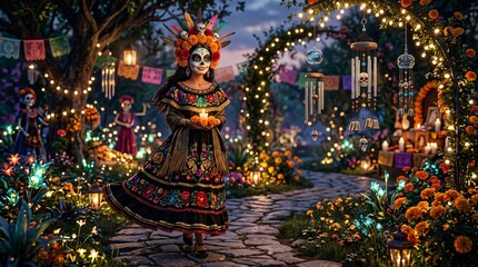 Fototapeta premium Catrina mexicana con vestido tradicional y vela en jardín iluminado, celebración de Día de los Muertos y Herencia Hispana.