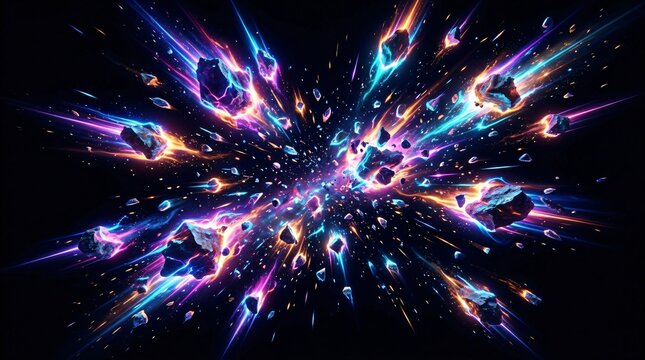 Explosi&oacute;n c&oacute;smica de asteroides con estelas de luz ne&oacute;n brillante, fondo abstracto de energ&iacute;a espacial y velocidad din&aacute;mica.