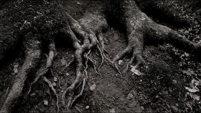Detailed view of gnarled tree roots emerging from dark soil, surrounded by fallen leaves and moss