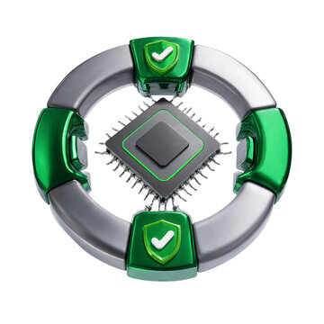 Digital central processing unit chip protected by a circular metallic ring with green security shield icons transparent background