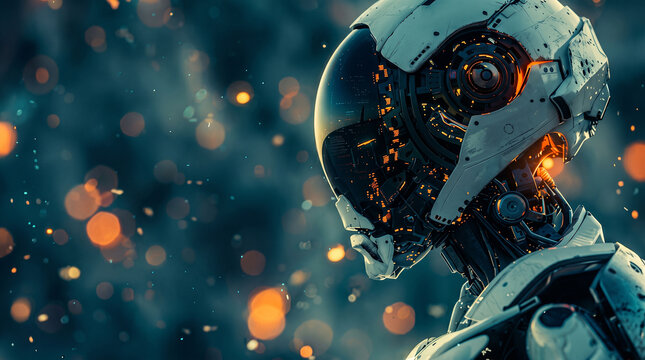 Profile portrait of a futuristic cyborg with glowing robotic components and sparks in a dark environment robot head sparks falling sci fi character robotics
