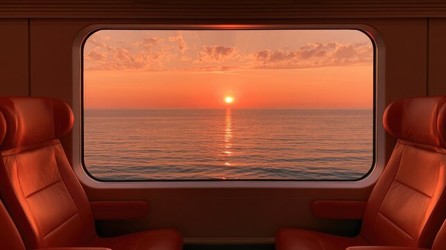 Warm sunset over calm ocean viewed through train window seats