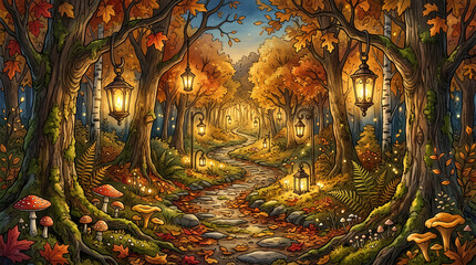 Naklejka premium Enchanted Autumn Forest Path With Glowing Lanterns And Vibrant Fall Foliage Landscape Illustration