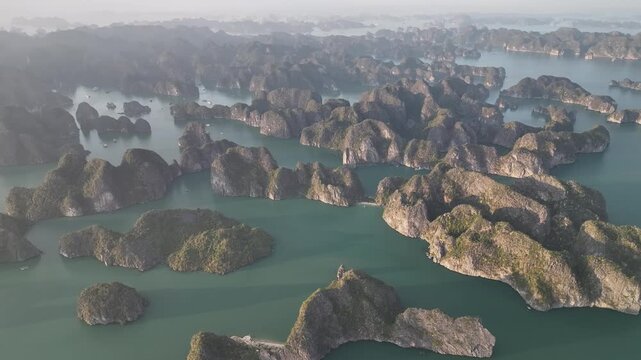 Aerial view of the natural scenery of the karst peaks and forests in Ha Long Bay, Vietnam
